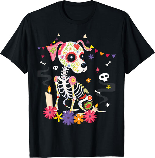 Mexican Dog Day of the Dead Skeleton Sugar Flowers Dogs T-Shirt
