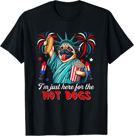 Here For Hot Dogs 4th Of July Pug Cosplay Statue T-Shirt