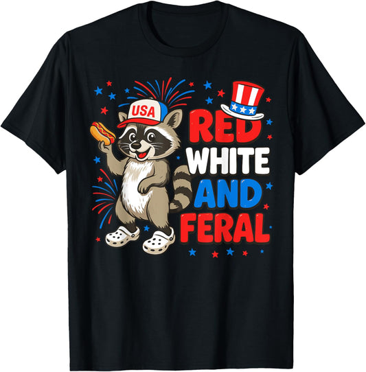 Red White And Feral Cute Raccoon Hotdog USA 4th Of July T-Shirt