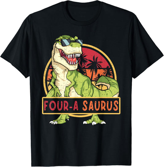 Retro Kids 4 Years Old Birthday 4th T Rex Dino Four Saurus T-Shirt