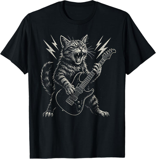 Funny Cat Playing Guitar Rock and Roll Heavy Metal Graphic T-Shirt