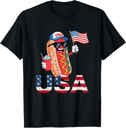 4th of July Hotdog Funny Fourth of July Patriotic USA Flag T-Shirt