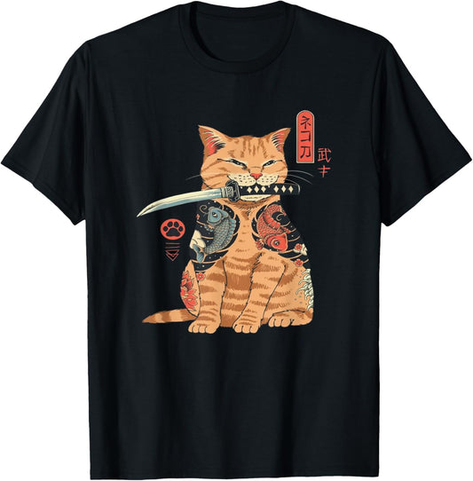 Japanese Samurai Ninja Cat Kawaii Tattoo Graphic T-Shirt - Kids, Anime Fans, Casual Wear Lovers - Unisex - Black - Small - Short Sleeve - Classic Fit - Cotton, Polyester