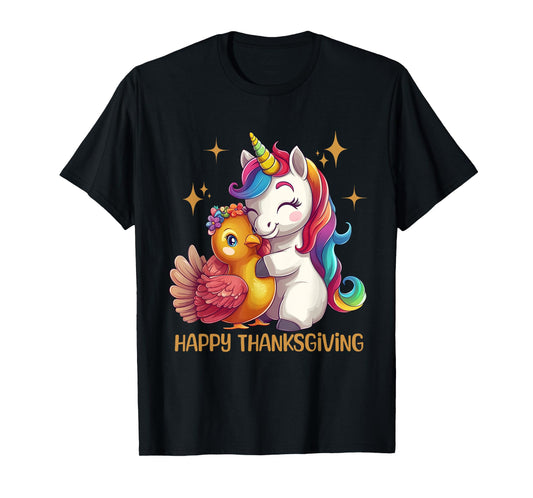 Happy Thanksgiving Shirt Girls Fall Unicorn Hugging Turkey T-Shirt