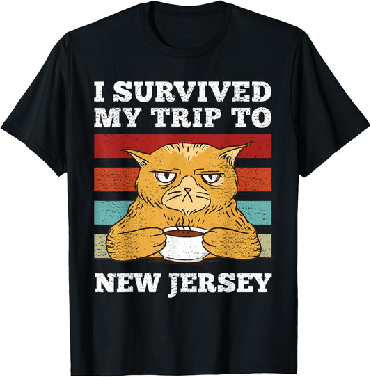 I Survived My Trip To New Jersey Vintage Tired Cat Coffee T-Shirt