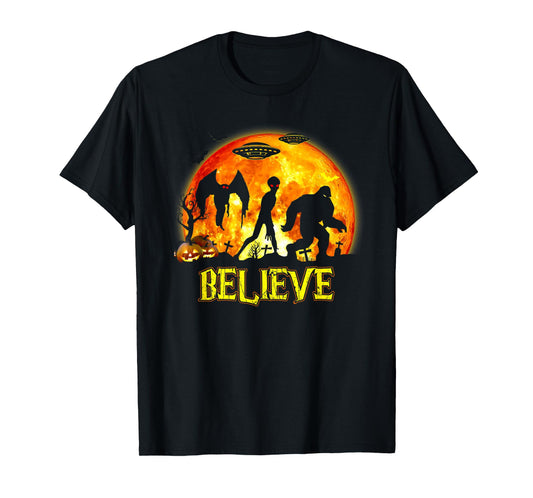 Spooky Believe Bigfoot Mothman Alien Halloween Sasquatch T-Shirt