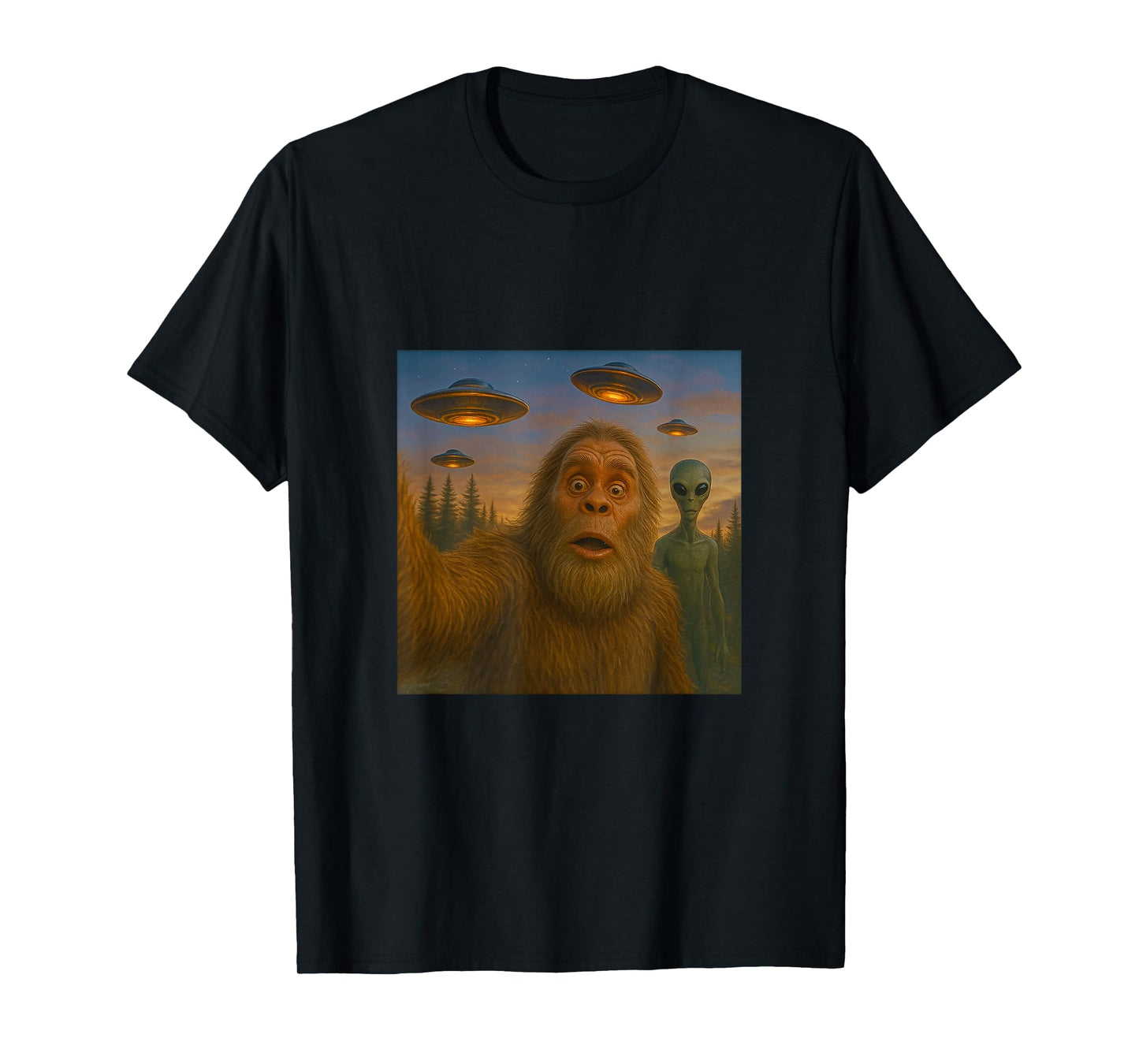 Bigfoot Alien Selfie at Dusk - with UFOs T-Shirt