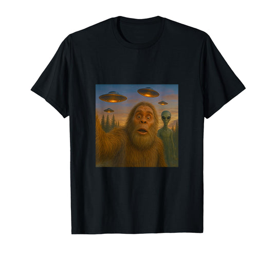 Bigfoot Alien Selfie at Dusk - with UFOs T-Shirt