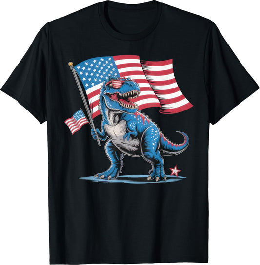 American Flag Patriotic Dinosaur 4th of July Boys Girl T-Shirt