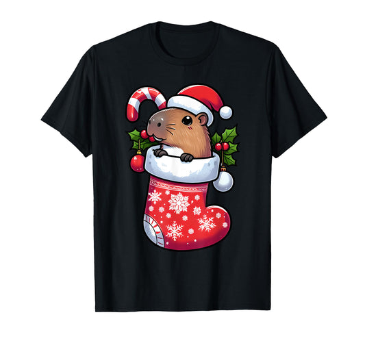 Capybara in Christmas Stocking Candy Cane Santa Hat Pajama T-Shirt