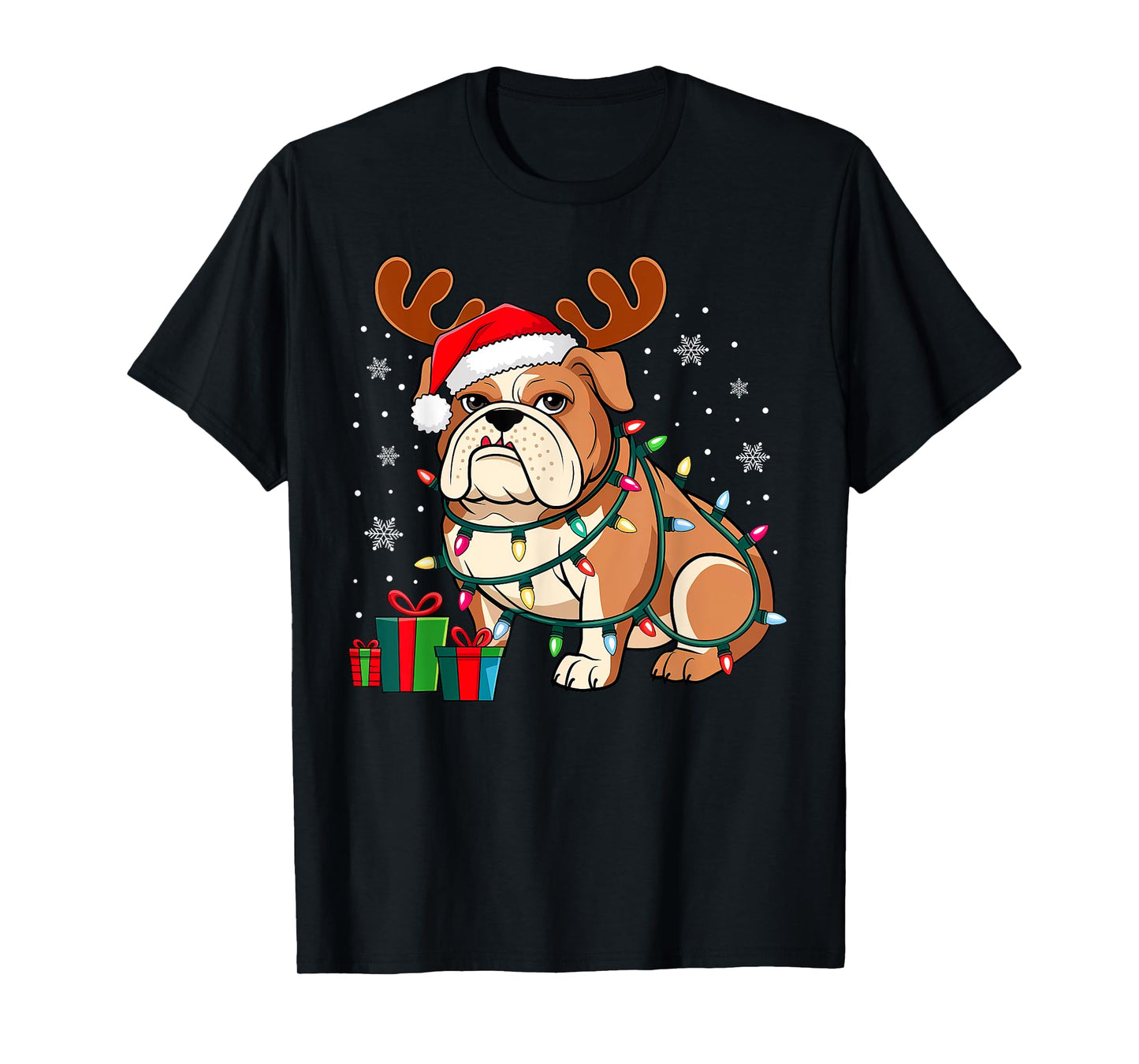 English Bulldog Dog Christmas Lights Santa Hat Dog Lover Men Women Kids T-Shirt
