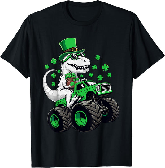 St Patricks Day T-Rex Dinosaur Riding Monster Truck Boys T-Shirt