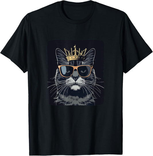 Funny Sunglasses Cat King with a Silly Crown T-Shirt