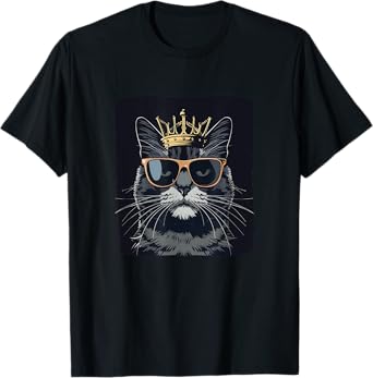 Funny Sunglasses Cat King with a Silly Crown T-Shirt