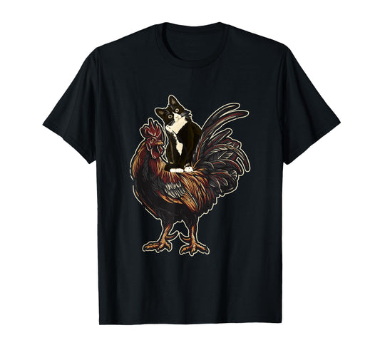 Black Cat Riding a Chicken Rooster Funny Animal Farming Men Women Girls Kids T-Shirt