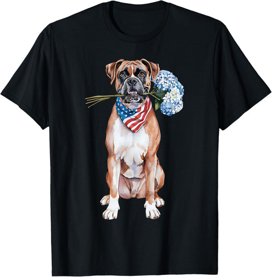 Boxer With Flower Dog Mom Patriotic 4th of July Dog Lover T-Shirt