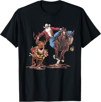 Cowboy Santa Riding Horse Reindeers Christmas T-Shirt