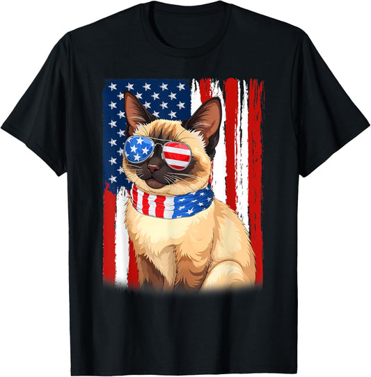 Siamese Cat US America Flag Men Women 4th of July Patriotic T-Shirt