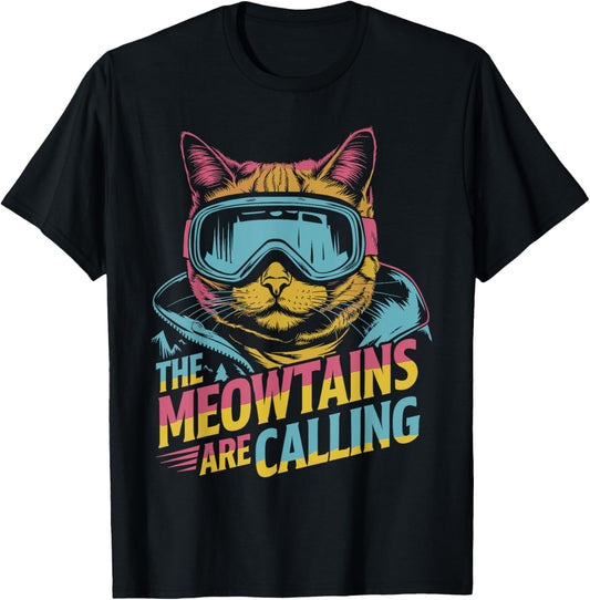 Unisex-Adults, Unisex-Kids Black Small The Meowtains Are Calling Cat Goggle Design Ski Snowboard T-Shirt