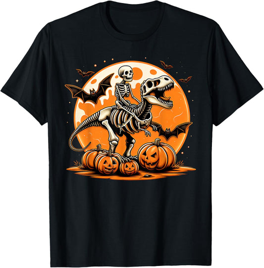 Skeleton Dinosaur T Rex Dino Pumpkins Moon Boys Halloween T-Shirt