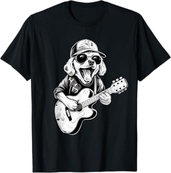 golden retriever dog playing guitar rock on guitarist women T-Shirt