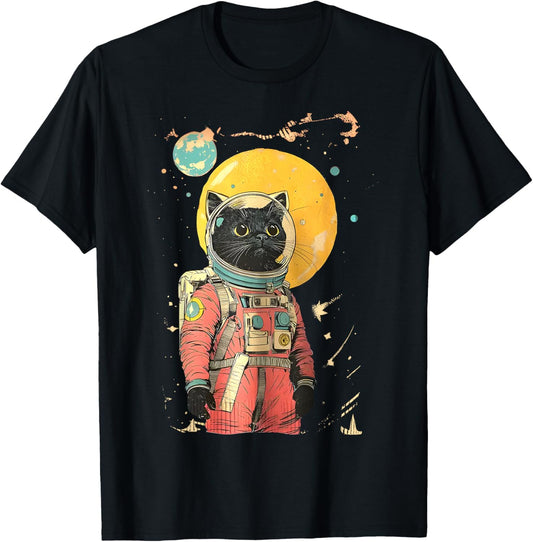 black cat astronaut color art print T-Shirt