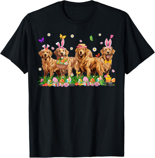 Golden Retriever Dogs With Bunny Ears Egg Basket Easter Day T-Shirt