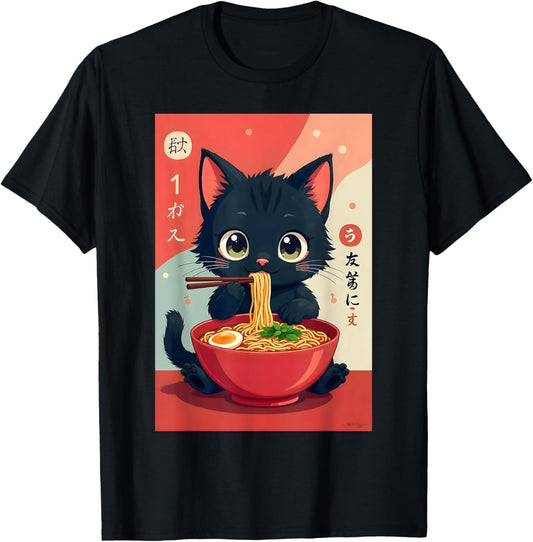 Kitten Eating Japanese Noodles Anime Manga Baby Cat Ramen T-Shirt