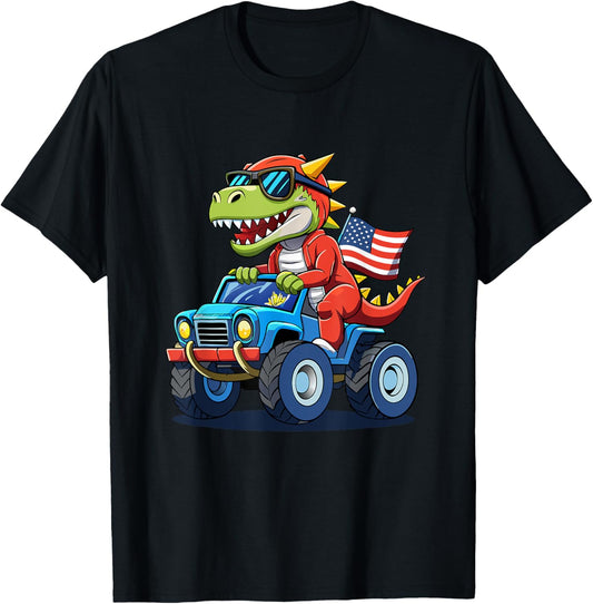 Patriotic T-Rex Monster Truck 4th of July Dinosaur USA Flag T-Shirt