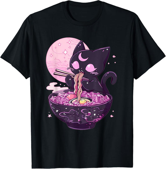 Pastel Goth Aesthetic Kawaii Creepy Cat Eating Ramen Noodles T-Shirt
