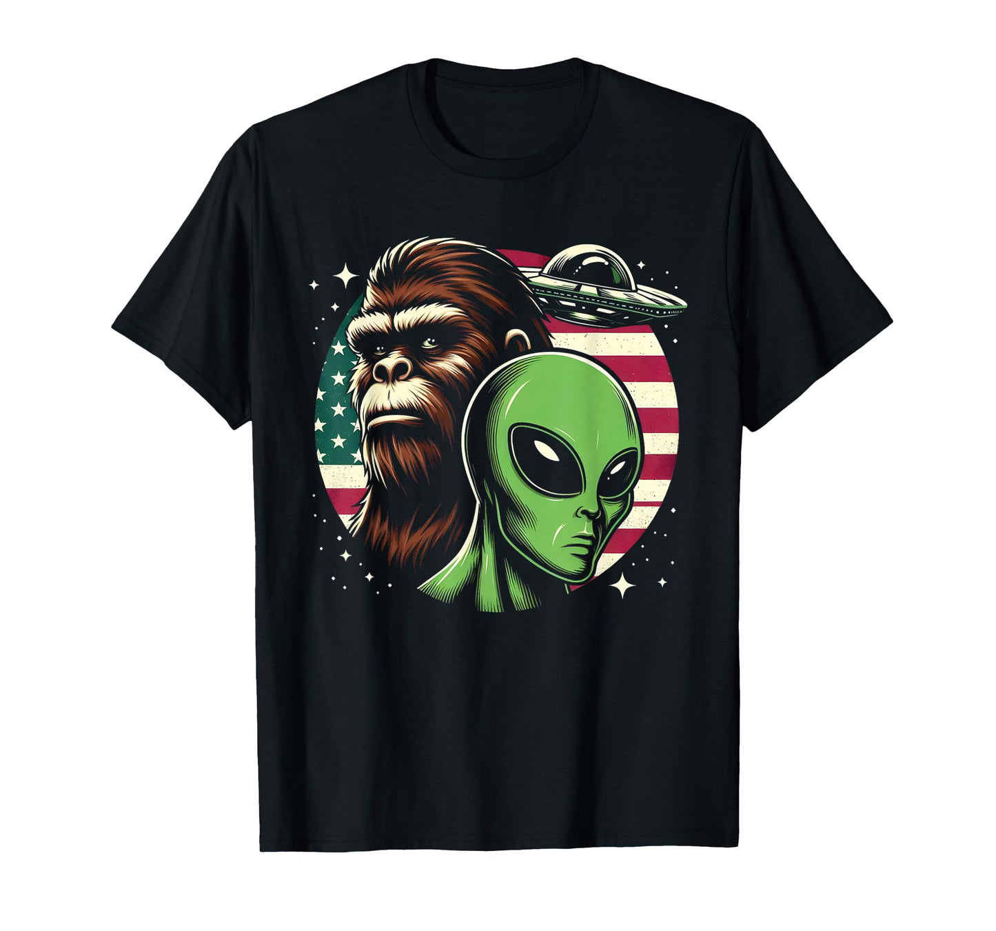 Bigfoot Sasquatch Alien UFO USA American Flag T-Shirt