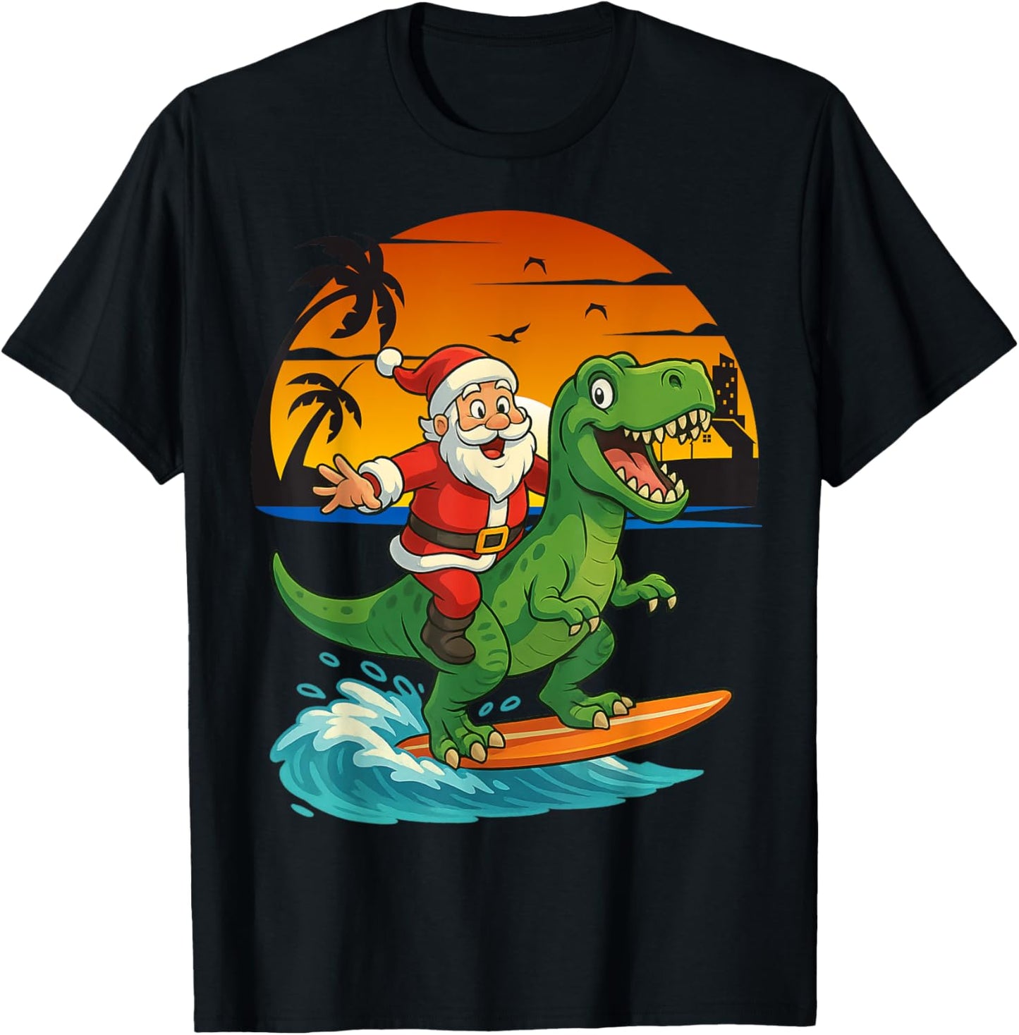 Dinosaur Surfs with Santa Kids Christmas in July Holiday T-Shirt