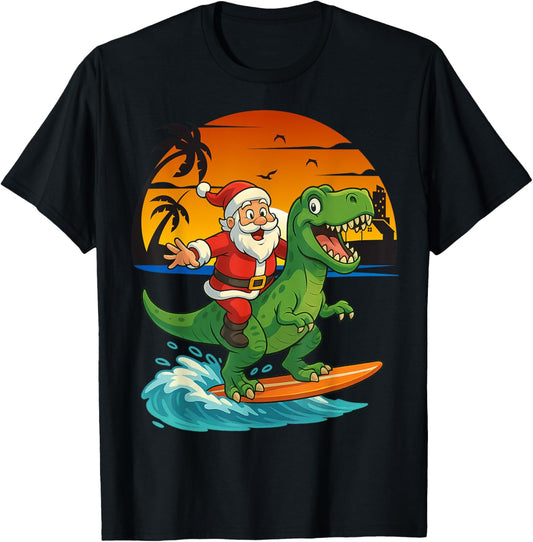Dinosaur Surfs with Santa Kids Christmas in July Holiday T-Shirt