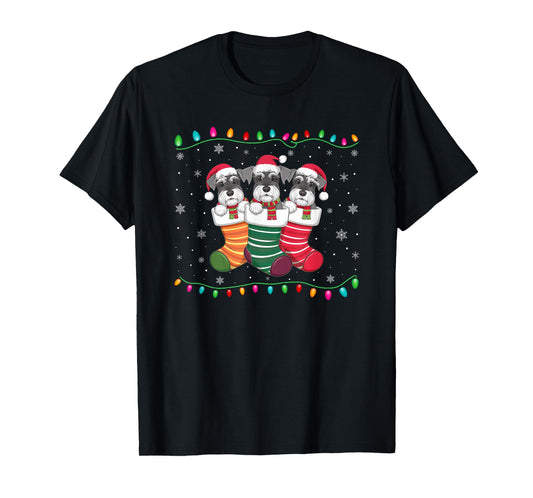 Xmas Tree Lights Funny Schnauzer Dog in Christmas Socks T-Shirt for Men Women Kids