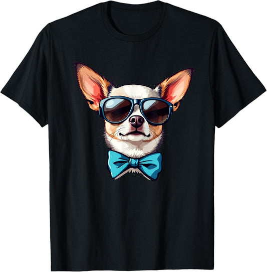 Chihuahua Dog Wearing Sunglasses and Bow Tie T-Shirt
