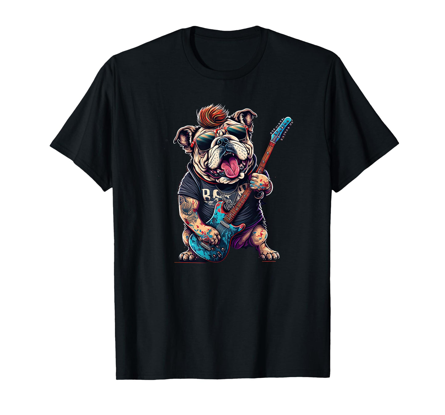 Funny Bulldog Dog Rock and Roll Rocker 80s 90s T-Shirt for Men Women Girls Kids