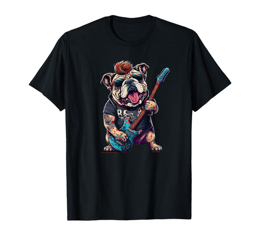 Funny Bulldog Dog Rock and Roll Rocker 80s 90s T-Shirt for Men Women Girls Kids