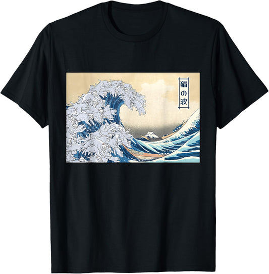 Cats Surfing Japanese Great Wave Of Kanagawa Funny Cats Wave T-Shirt