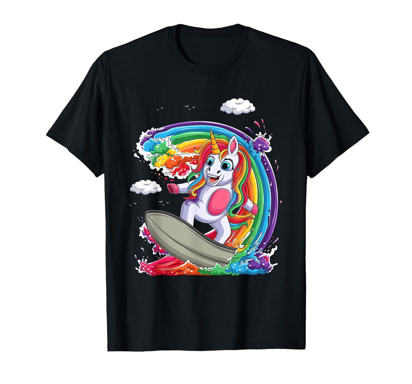 Cute Unicorn Girls Women Unicorn Surfing on Rainbow Wave T-Shirt