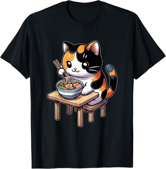 Calico Cat Eating Japanese Ramen Feline Kawaii Calico Cat T-Shirt
