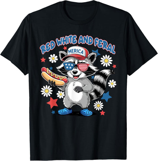 Red White And Feral American Raccoon Hot Dog 4th Of July T-Shirt