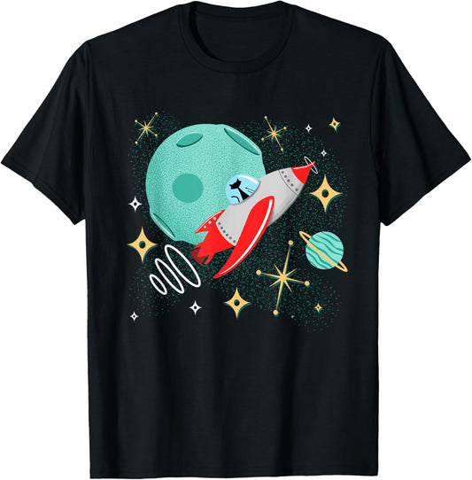 Atomic Rocket Cat Funny Mid-Century Cat Futuristic Spaceship T-Shirt