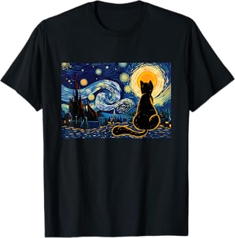 Cat Lookig At Starry Night - Cat Lover Kitten Owner Kitty Men Women Girls Kids T-Shirt