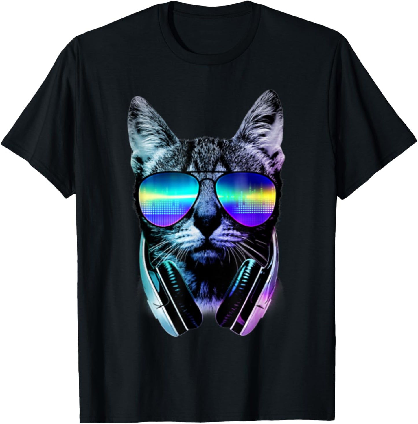 Dj Cat Headphones T-Shirt - Black, Small, Unisex, Cotton 100%, Short Sleeve, Crew Neck, Graphic, Modern, Casual, All Seasons, 1 Count