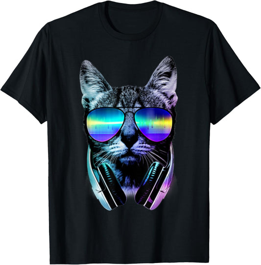 Dj Cat Headphones T-Shirt - Black, Small, Unisex, Cotton 100%, Short Sleeve, Crew Neck, Graphic, Modern, Casual, All Seasons, 1 Count