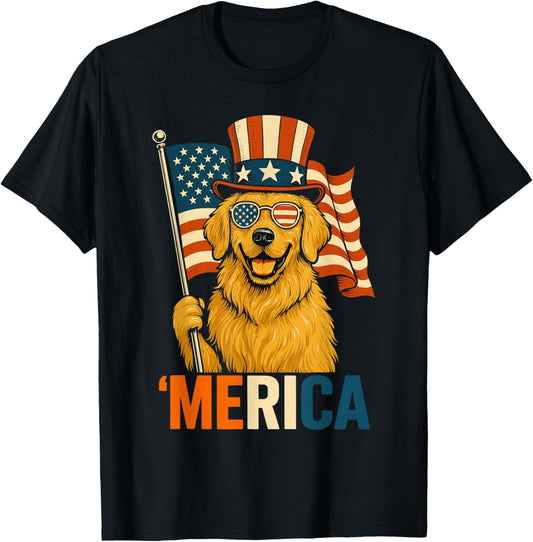Golden retriever Merica American Flag Patriotic 4th Of July T-Shirt