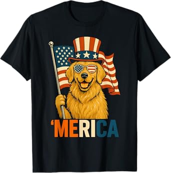 Golden retriever Merica American Flag Patriotic 4th Of July T-Shirt