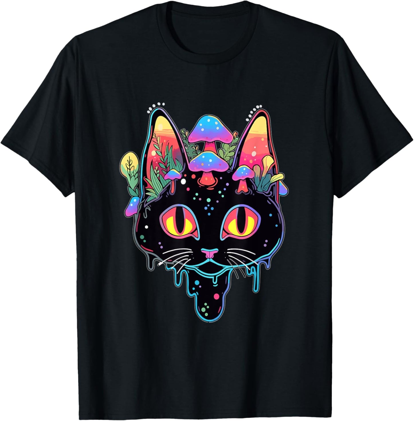 Psychedelic Festival Trippy Cat Mushroom Art Rave T-Shirt