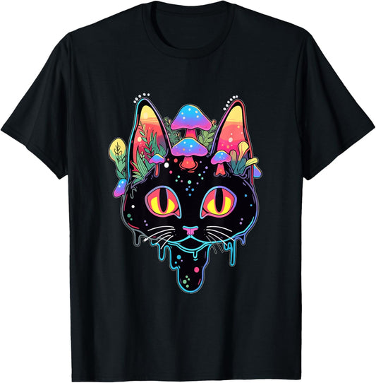 Psychedelic Festival Trippy Cat Mushroom Art Rave T-Shirt