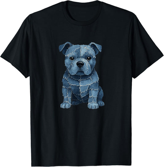 retro funny denim patch animal Pitbull dog lovers print T-Shirt